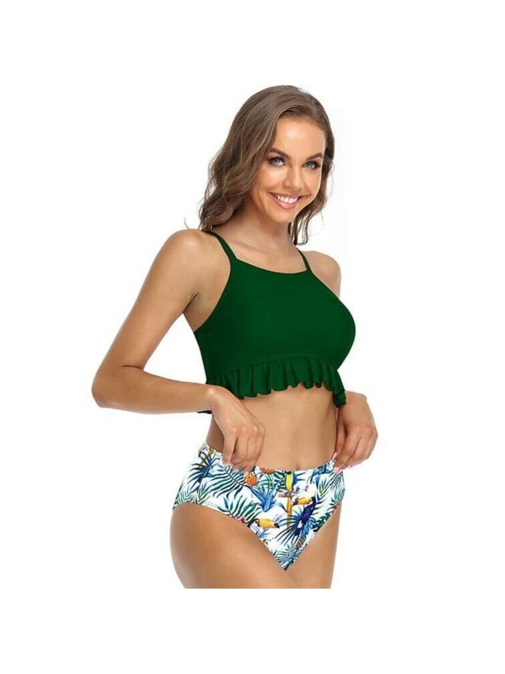Shekini High Neck Ruffle Trim High Waisted Bikini Size M
